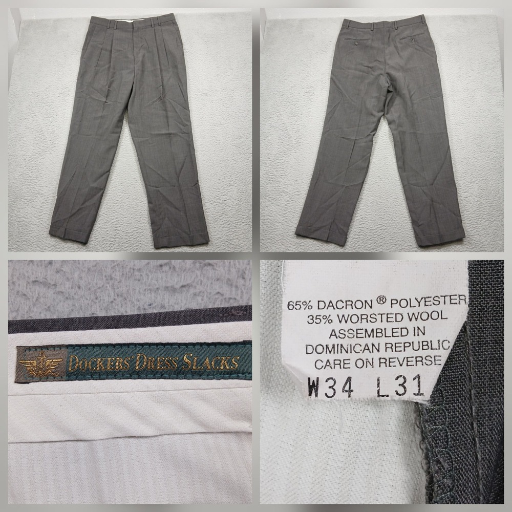 Dockers Dress Slacks Men's 34x31 Gray Pleated Wool Blend Pants‎